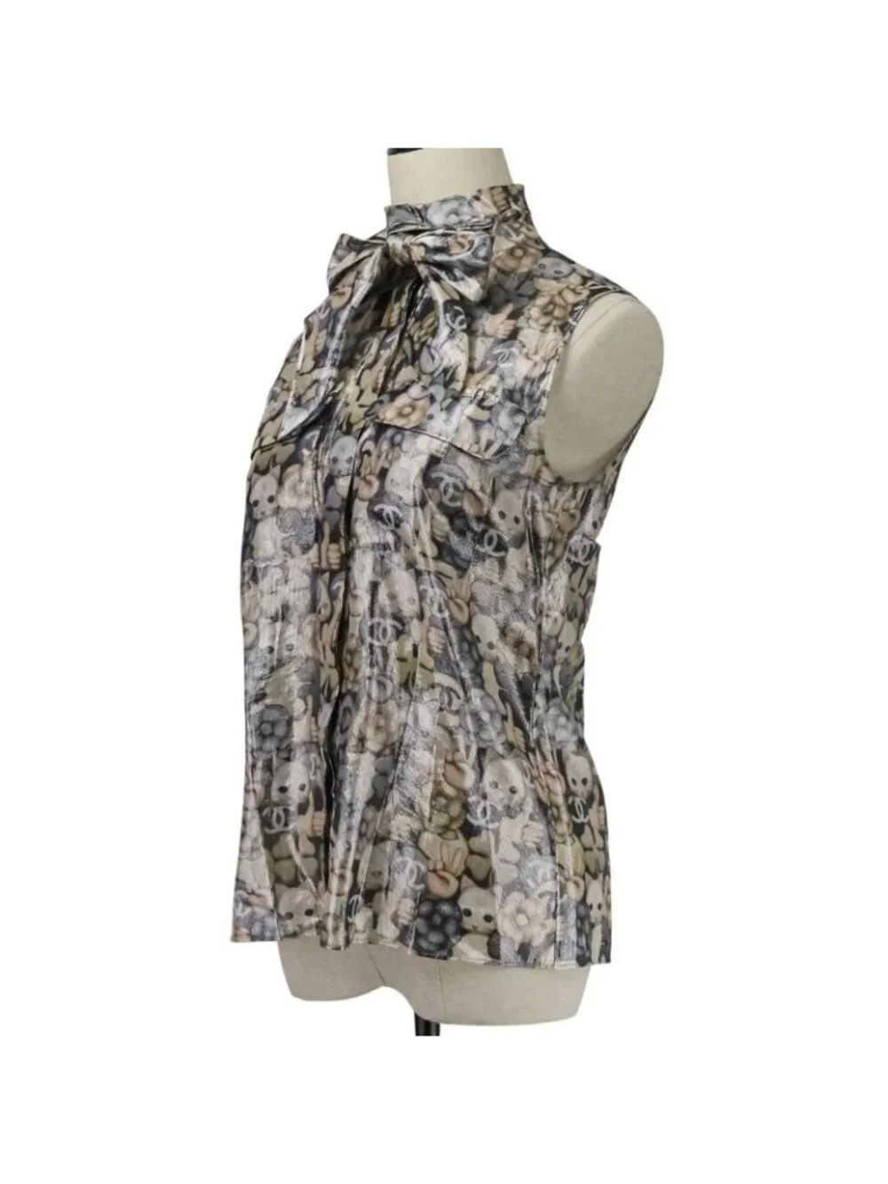 Chanel Choupette Coco Mark Print Sleeveless Silk Blouse with Ribbon Tie
